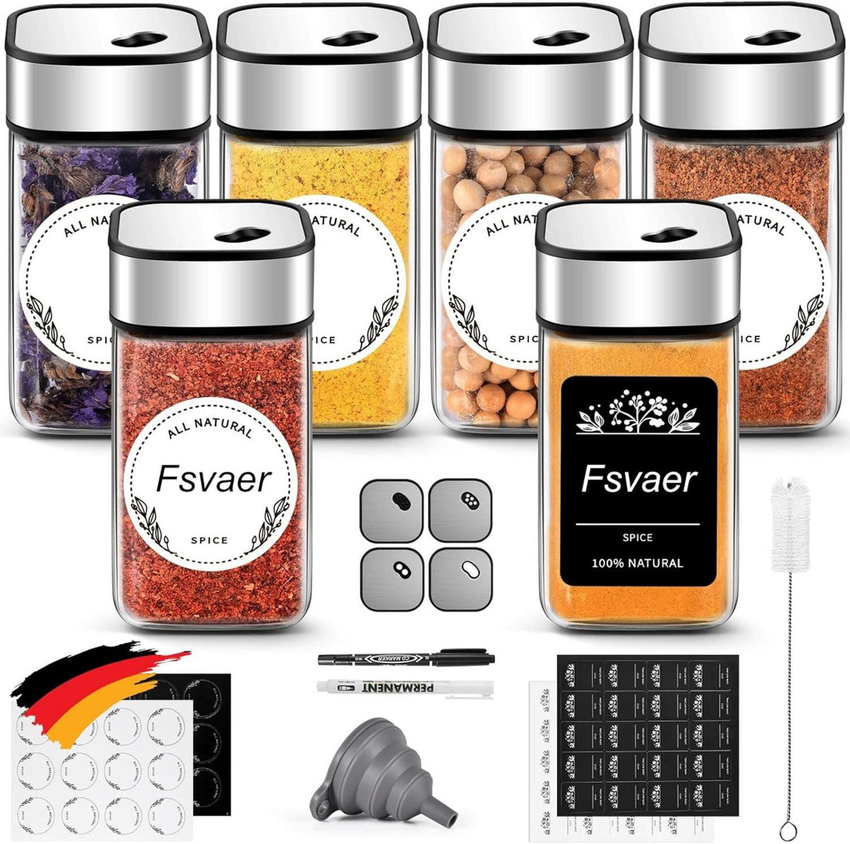 Gewürzgläser Set 6-teilig mit Streueinsatz, Drehdeckel und Trichter