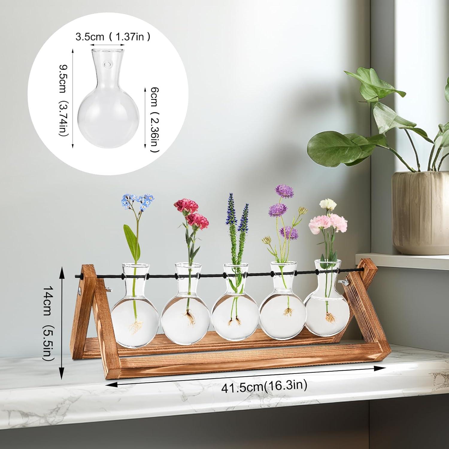 Kleine Vintage Glasvasen mit Holzständer für Pflanzen - Deko