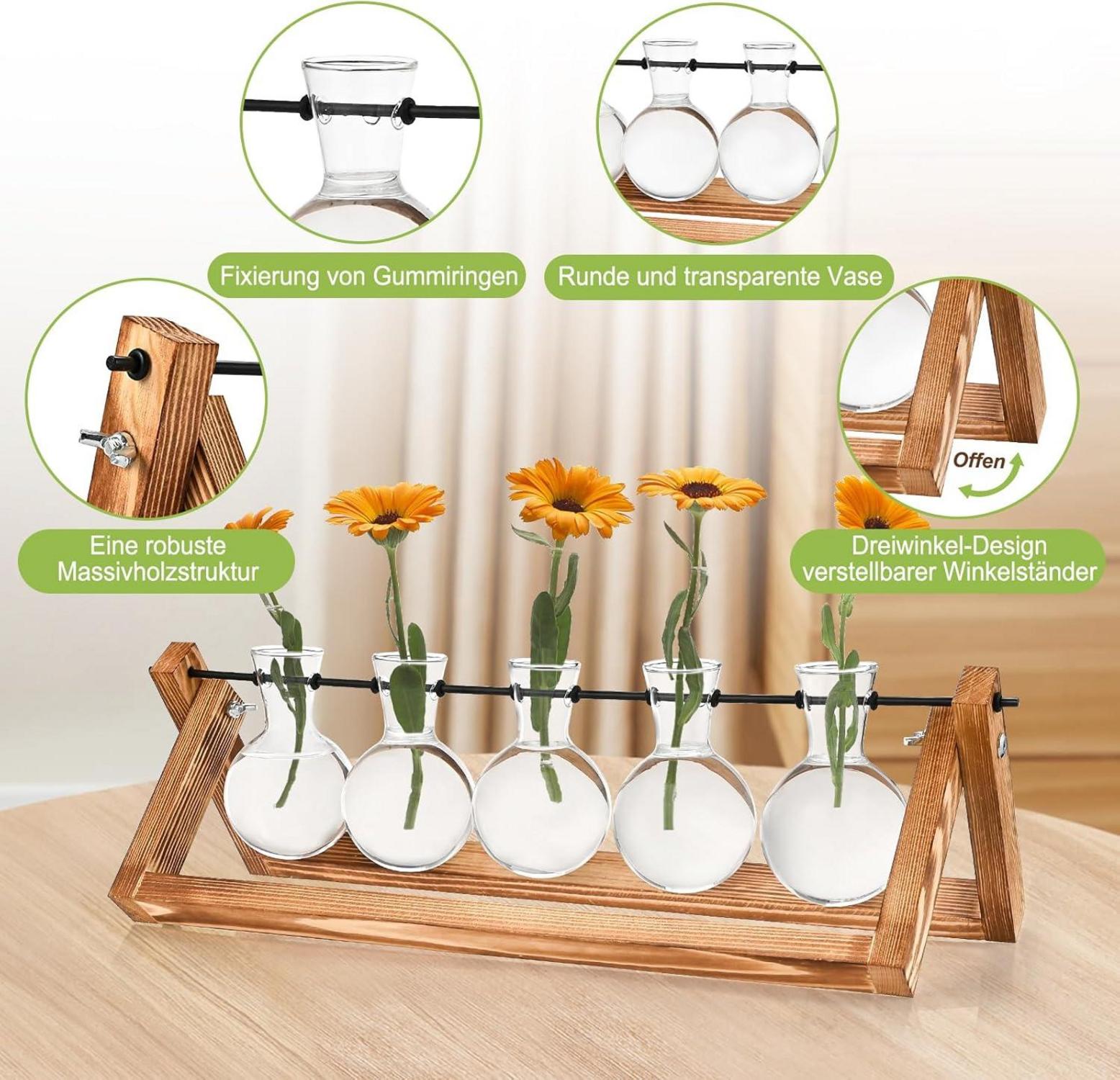 Vintage Glasvase mit Holzständer für Pflanzenliebhaber
