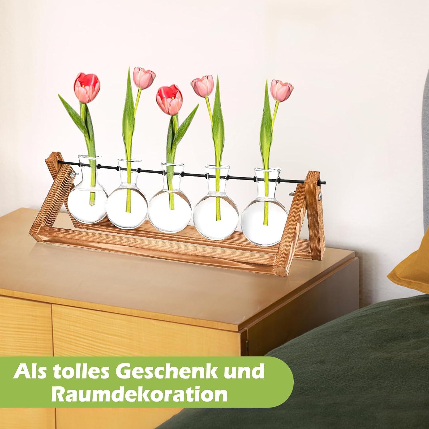 Kleine Vintage Glasvasen mit Holzständer für Wohnzimmer & Büro