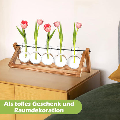 Kleine Vintage Glasvasen mit Holzständer für Wohnzimmer & Büro