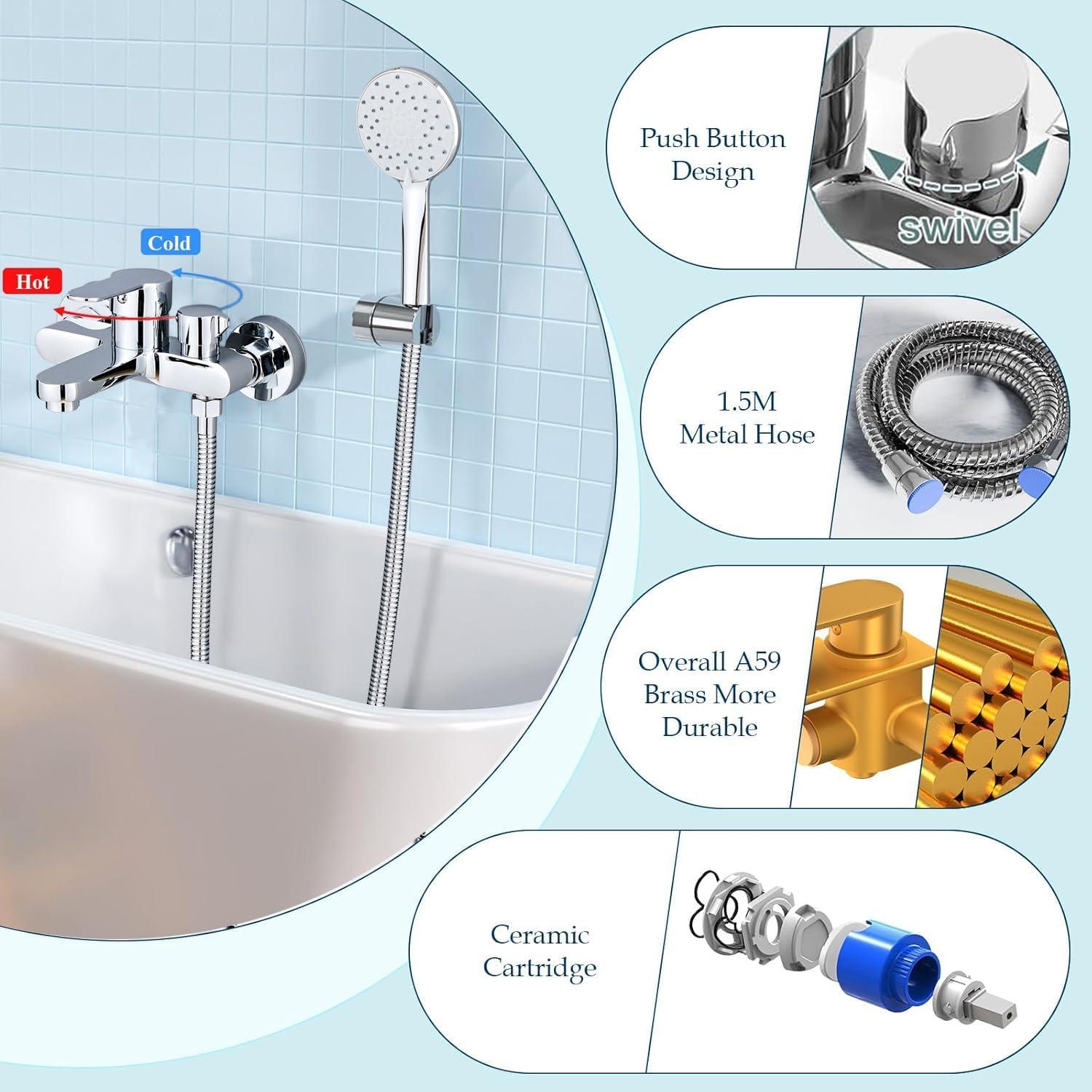 Badewannenarmatur Wandmontage mit Handbrause Chrom 6 Funktionen