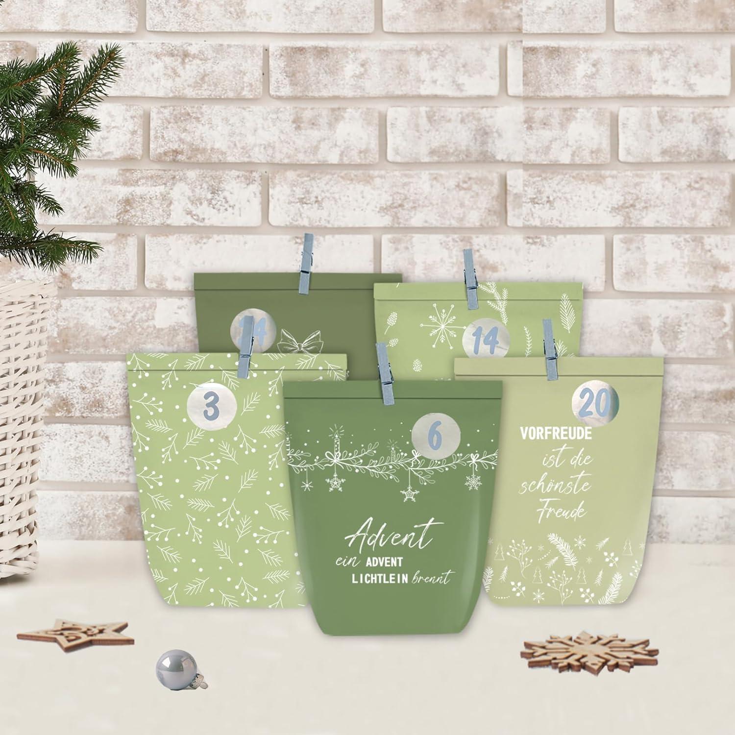 Adventskalender Kraftpapier zum Befüllen und Basteln, Grüne Weihnachtstüten