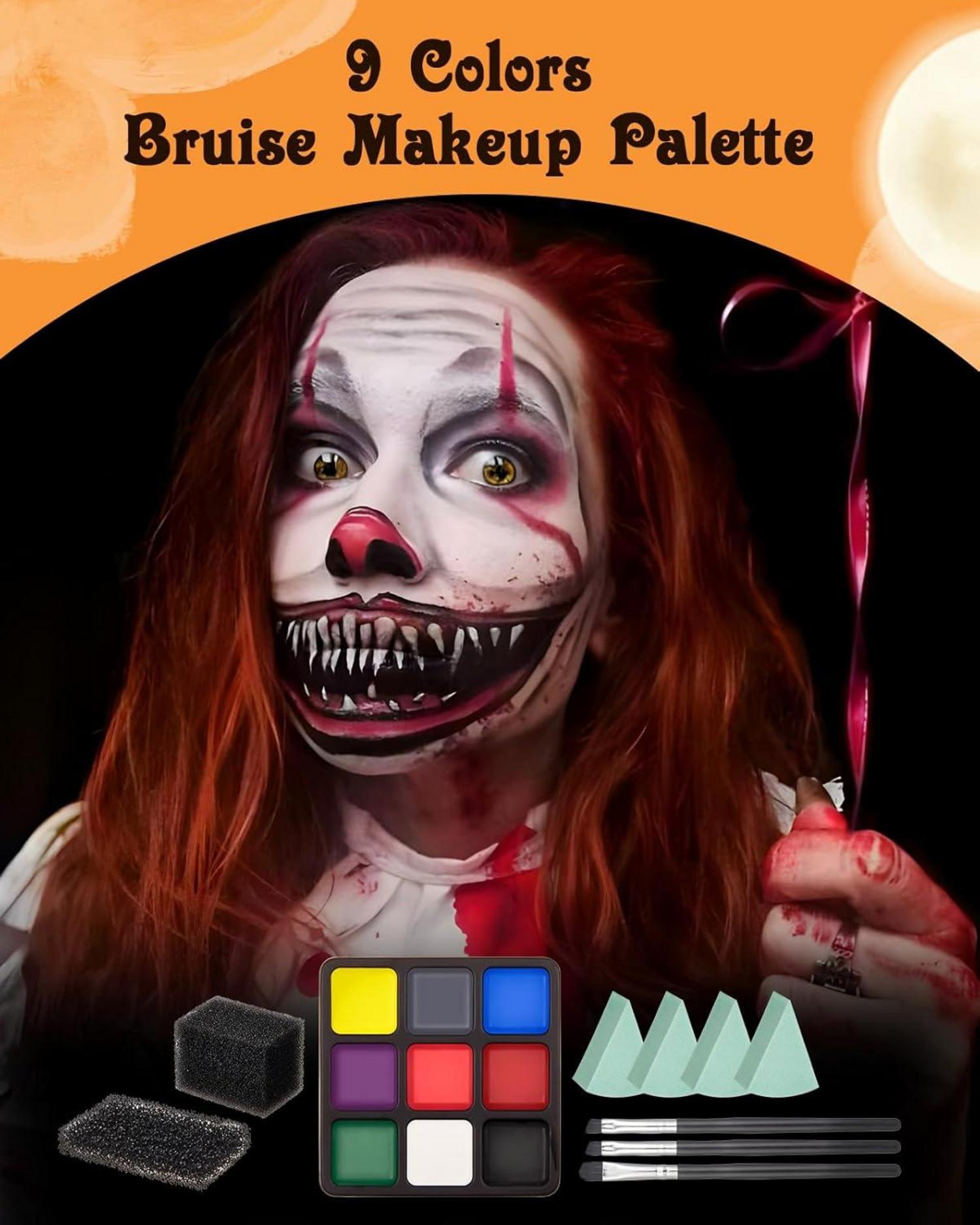Halloween Schminke Set mit 9 Farben, Kunstblut, Narbenwachs & Zubehör