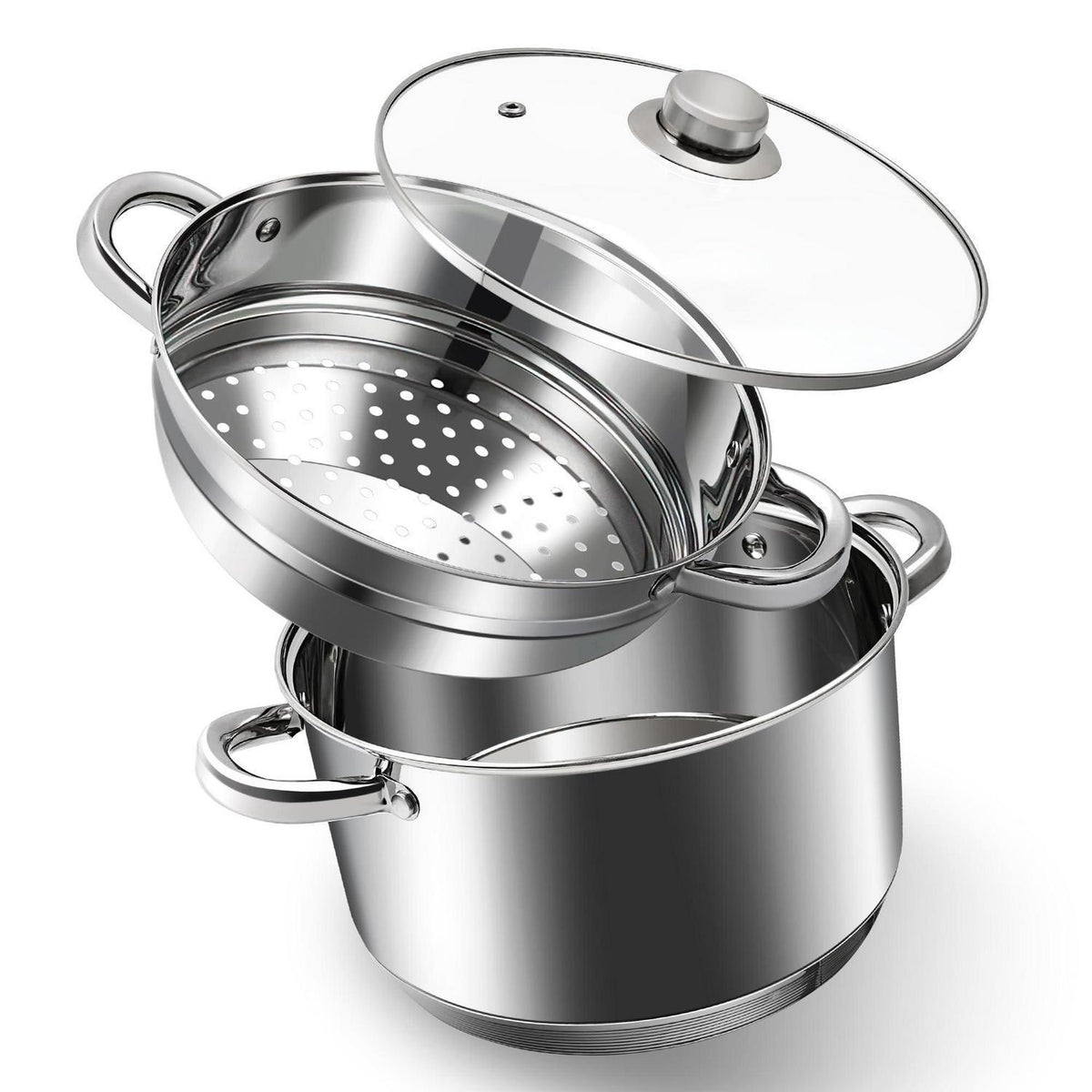Edelstahl-Suppentopf-Set mit Dampfgarer & Glasdeckel 5.7L