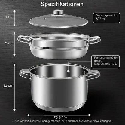 Edelstahl-Suppentopf-Set mit Dampfgarer & Glasdeckel 5.7L