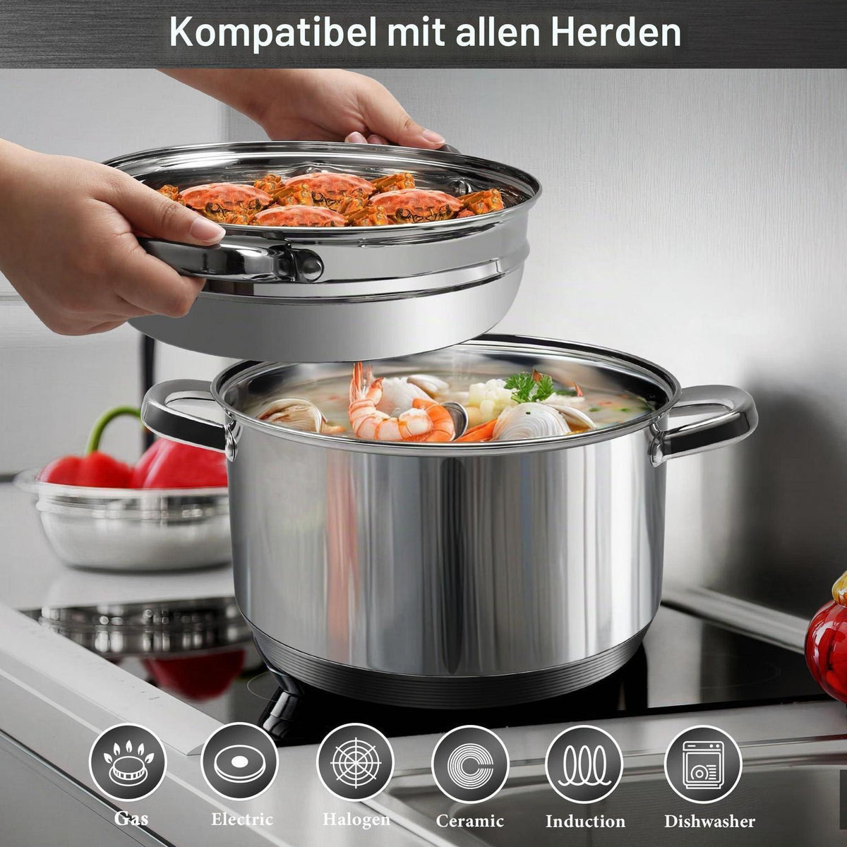 Edelstahl-Suppentopf-Set mit Dampfgarer & Glasdeckel 5.7L