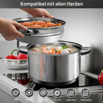 Edelstahl-Suppentopf-Set mit Dampfgarer & Glasdeckel 5.7L
