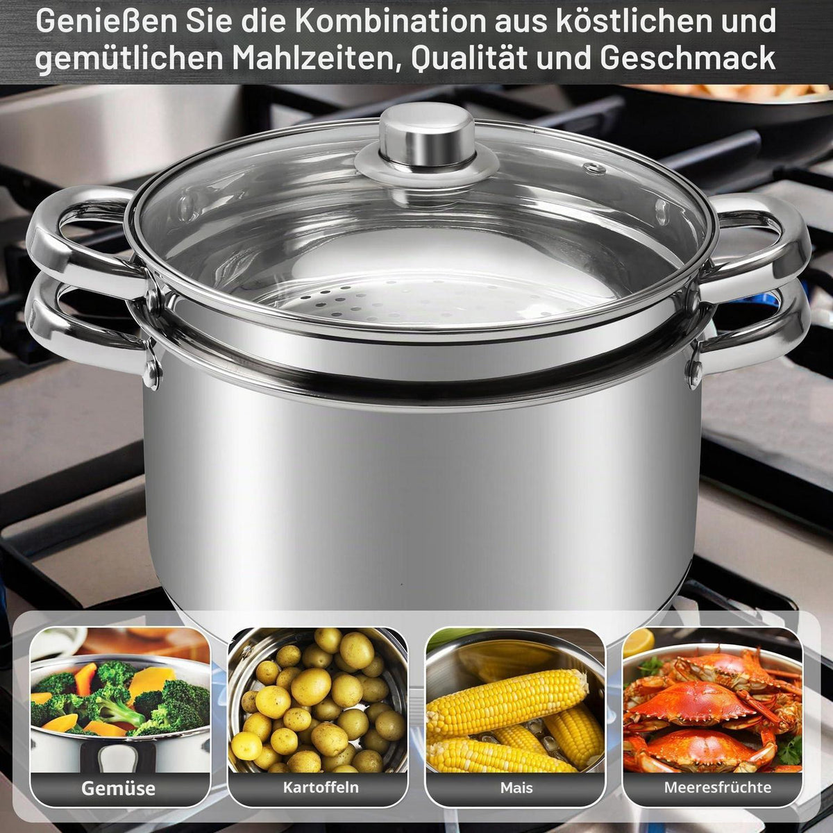 Edelstahl-Suppentopf-Set mit Dampfgarer & Glasdeckel 5.7L