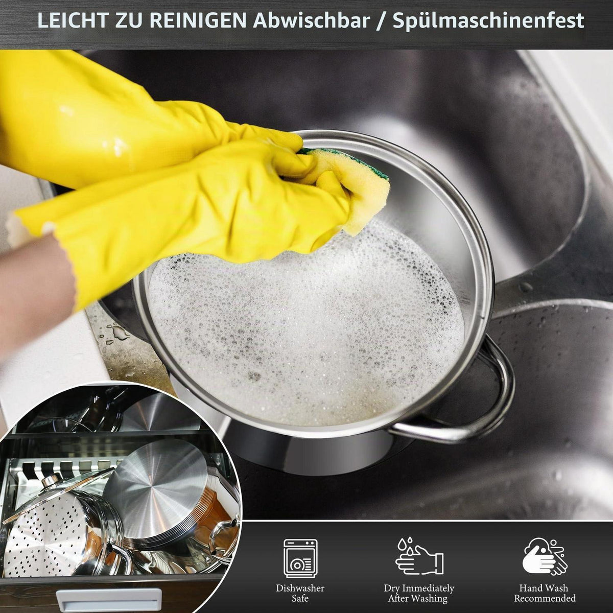 Edelstahl-Suppentopf-Set mit Dampfgarer & Glasdeckel 5.7L