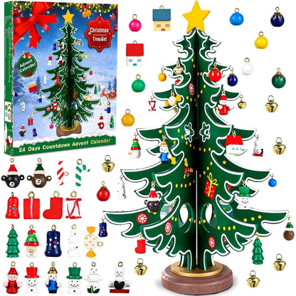Weihnachts-Adventskalender 2024 mit Holzbaum & 29 Ornamenten