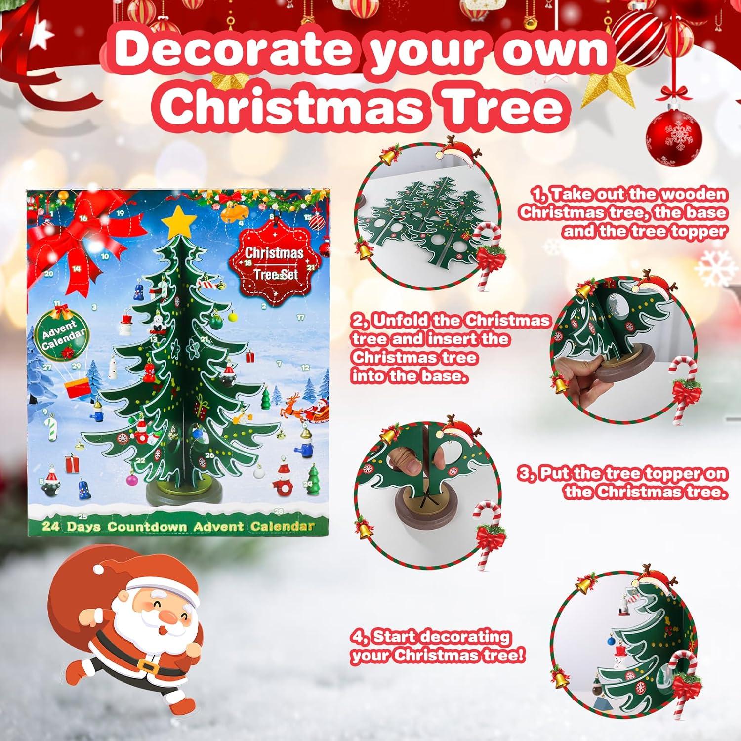 Adventskalender 2024 Holz-Weihnachtsbaum 29 Ornamente Weihnachts