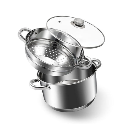 Edelstahl-Suppentopf-Set mit Dampfgarer & Glasdeckel 4L
