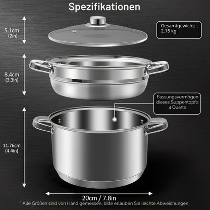 Edelstahl-Suppentopf-Set mit Dampfgarer & Glasdeckel 4L