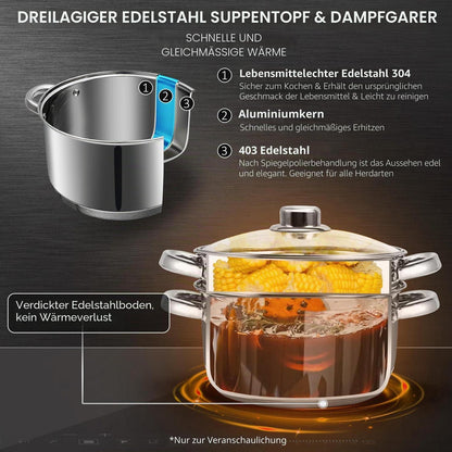 Edelstahl-Suppentopf-Set mit Dampfgarer & Glasdeckel 4L
