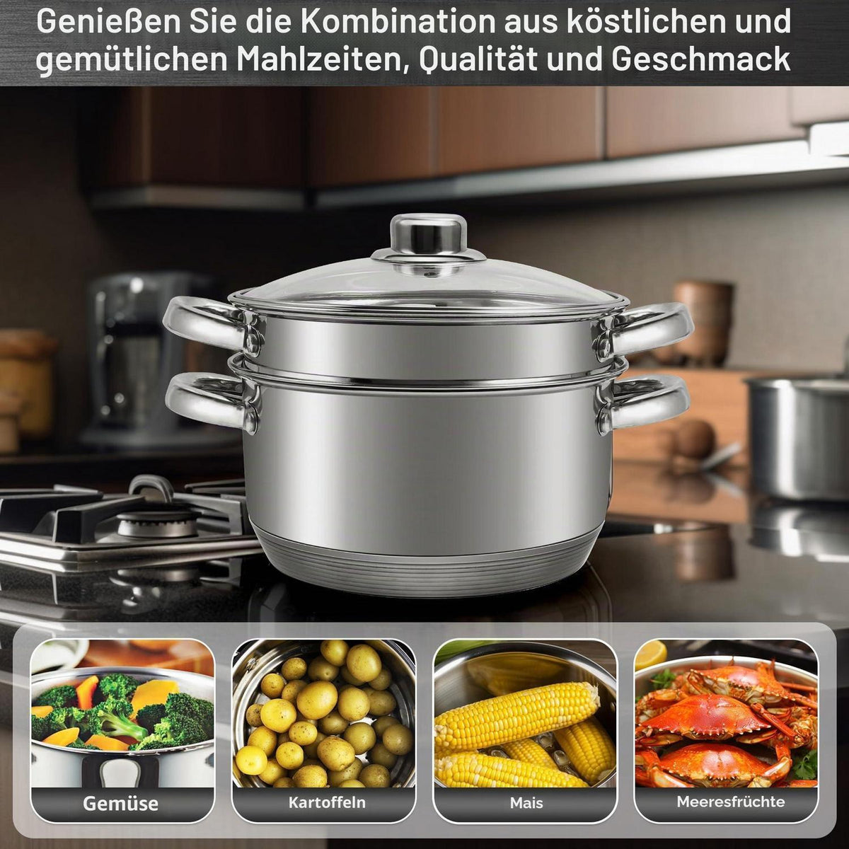 Edelstahl-Suppentopf-Set mit Dampfgarer & Glasdeckel 4L