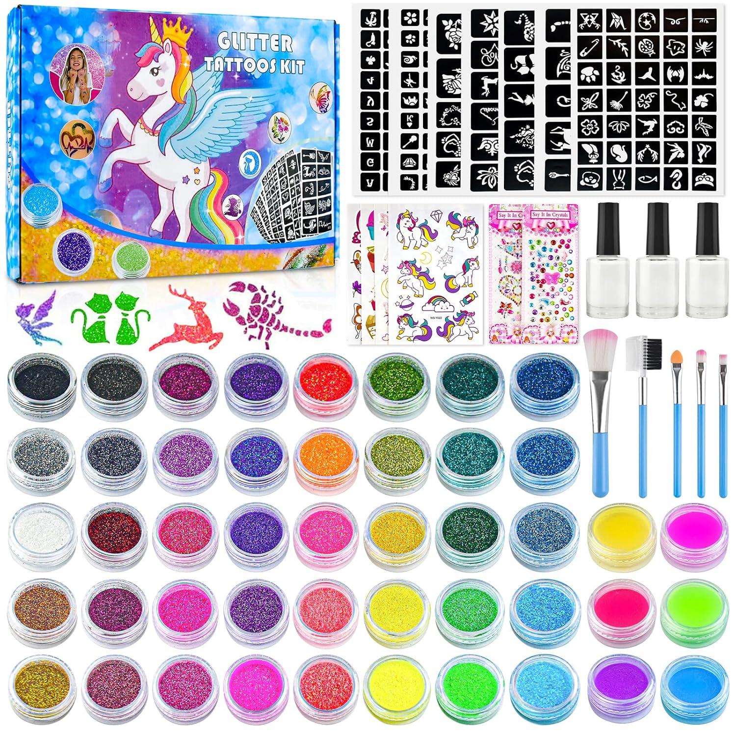 Glitzertattoo Set Kinder 40 Farben Schablonen Glitzer Tattoos