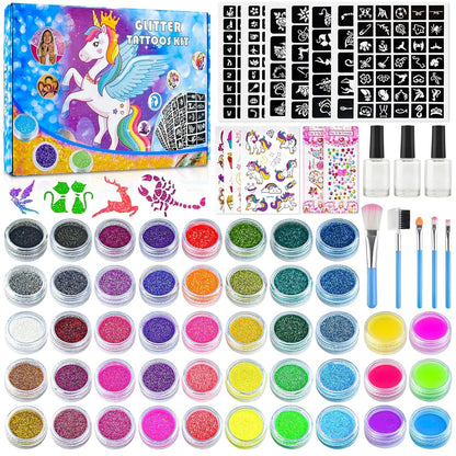 Glitzertattoo Set Kinder 40 Farben Schablonen Glitzer Tattoos
