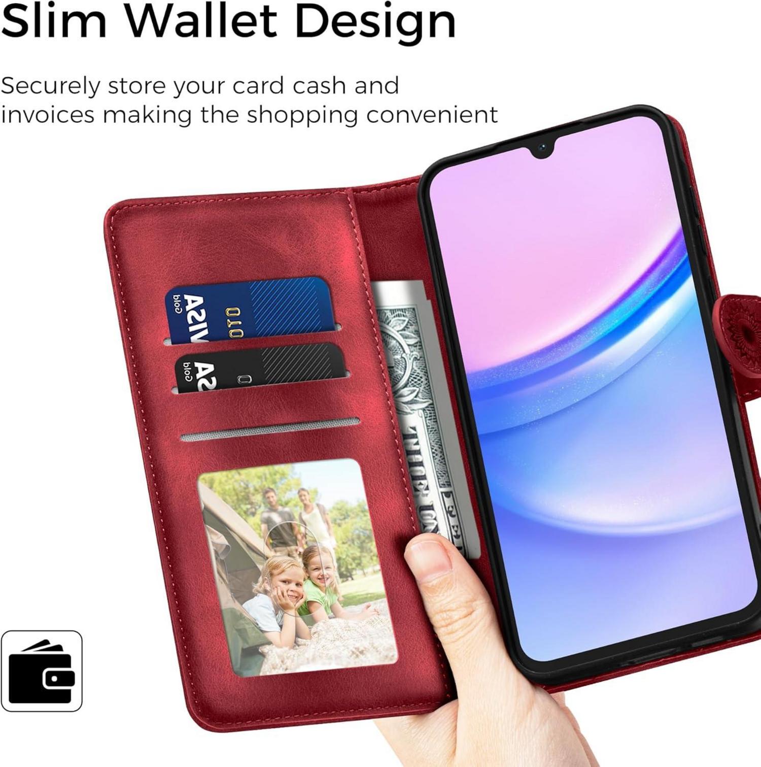 Samsung Galaxy A15 Lederhülle Flip Wallet Schutzhülle Rot