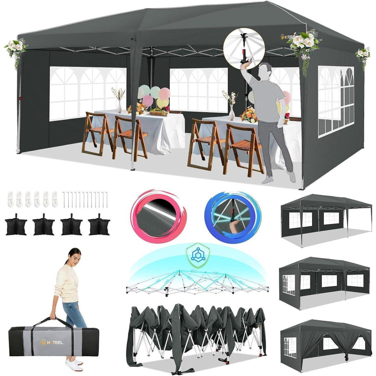 Faltpavillon 3x6 Wasserdicht mit 6 Seitenwänden & Sandsäcken