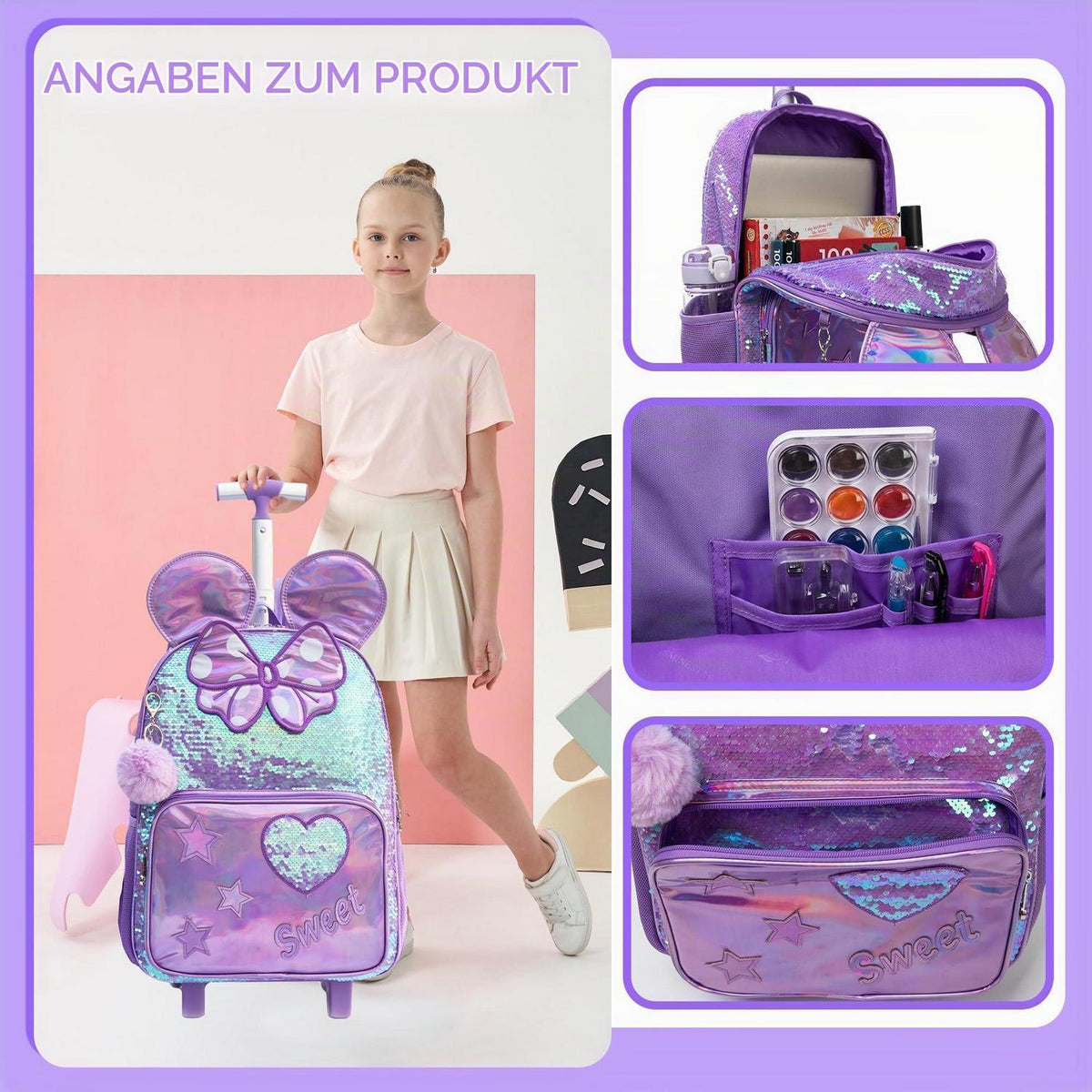 Schulranzen Trolley Mädchen 7 Jahre – Lila Mouse Set