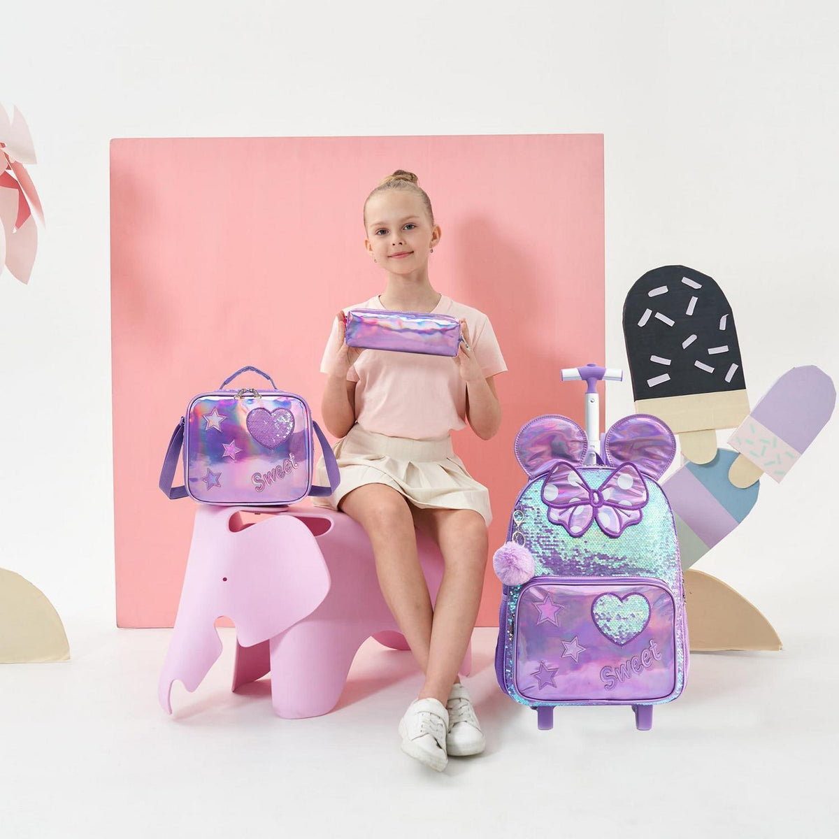 Schulranzen Trolley Mädchen 7 Jahre – Lila Mouse Set