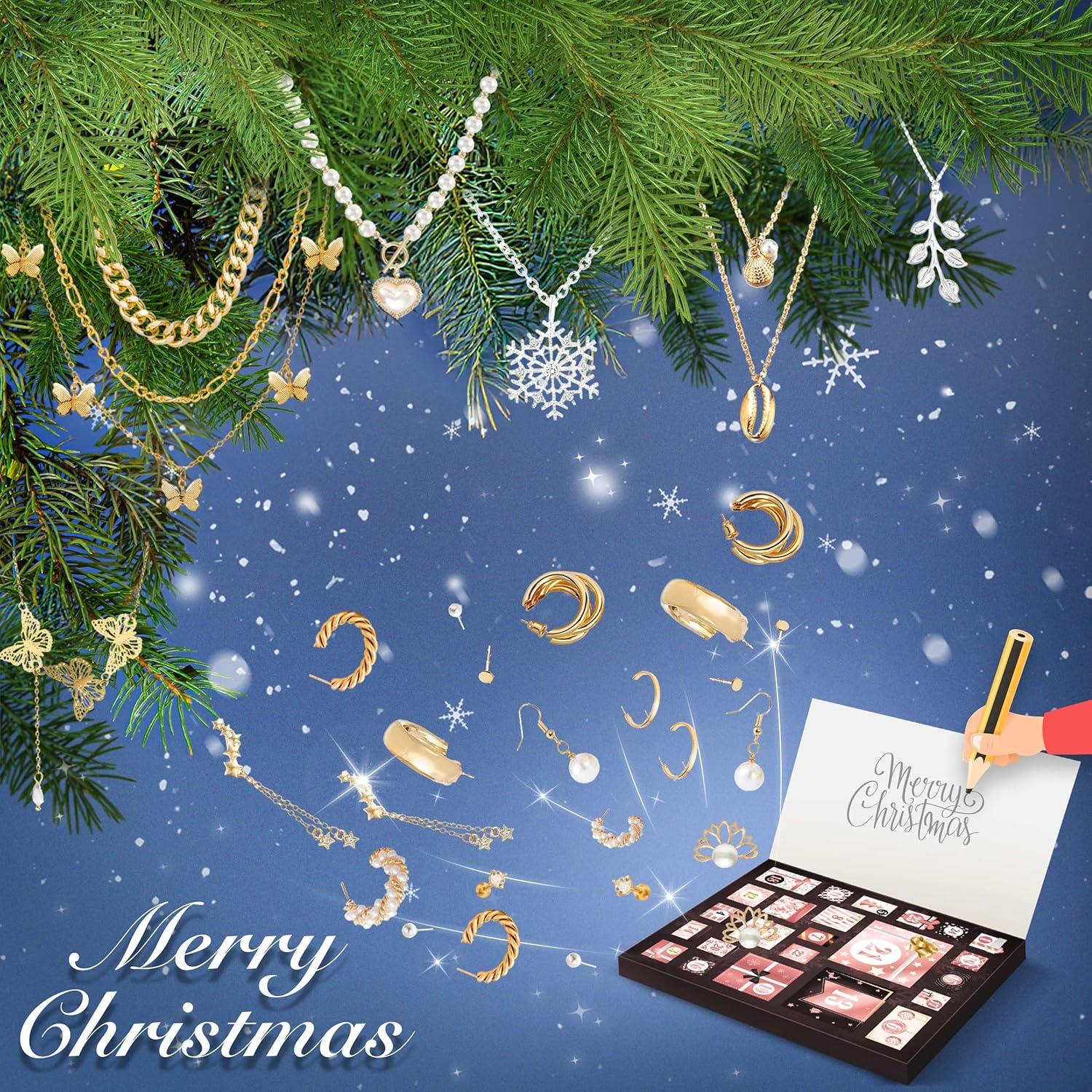 Schmuck Adventskalender Set Damen Mädchen 2024, 24 Überraschungen Schwarz