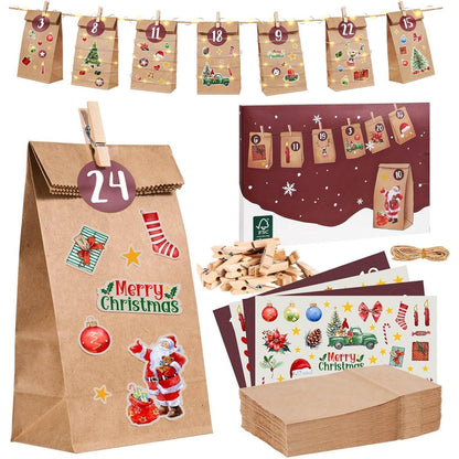 Adventskalender zum Befüllen 24 Papiertüten Holzklammern