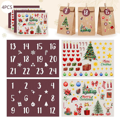 Adventskalender zum Befüllen Kraftpapier Set 24 Papiertüten Aufkleber