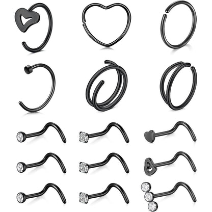 Nasenstecker Chirurgenstahl 15 Stück Schwarz | Damen Nasenpiercing Schraube Ring