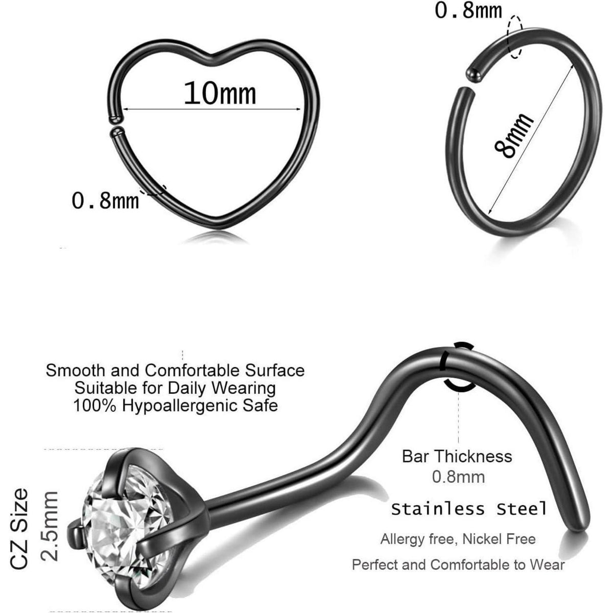 Nasenstecker Chirurgenstahl 15 Stück Schwarz | Damen Nasenpiercing Schraube Ring