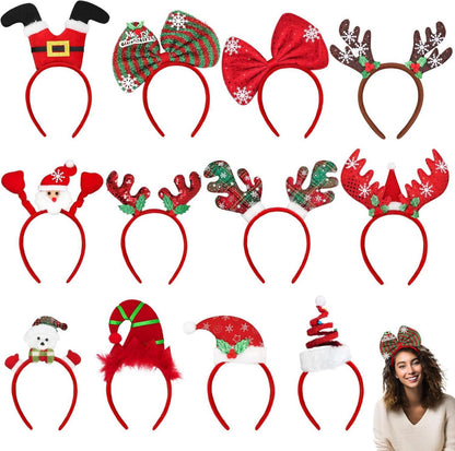 12 Weihnachts-Haarreifen Santa Rentier Schneeflocken Bögen