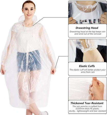 Regenponcho Einweg Festival Poncho Set 3 Stück - Transparente Regenmäntel mit Kapuze