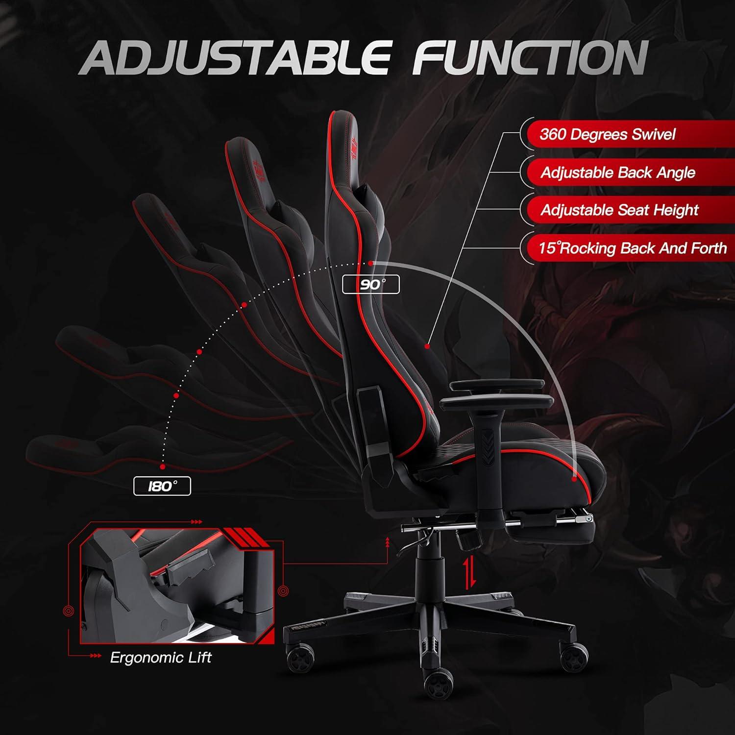 S*MAX Gaming Stuhl Schwarz mit Fußstütze, 3D Armlehne, PU Leder