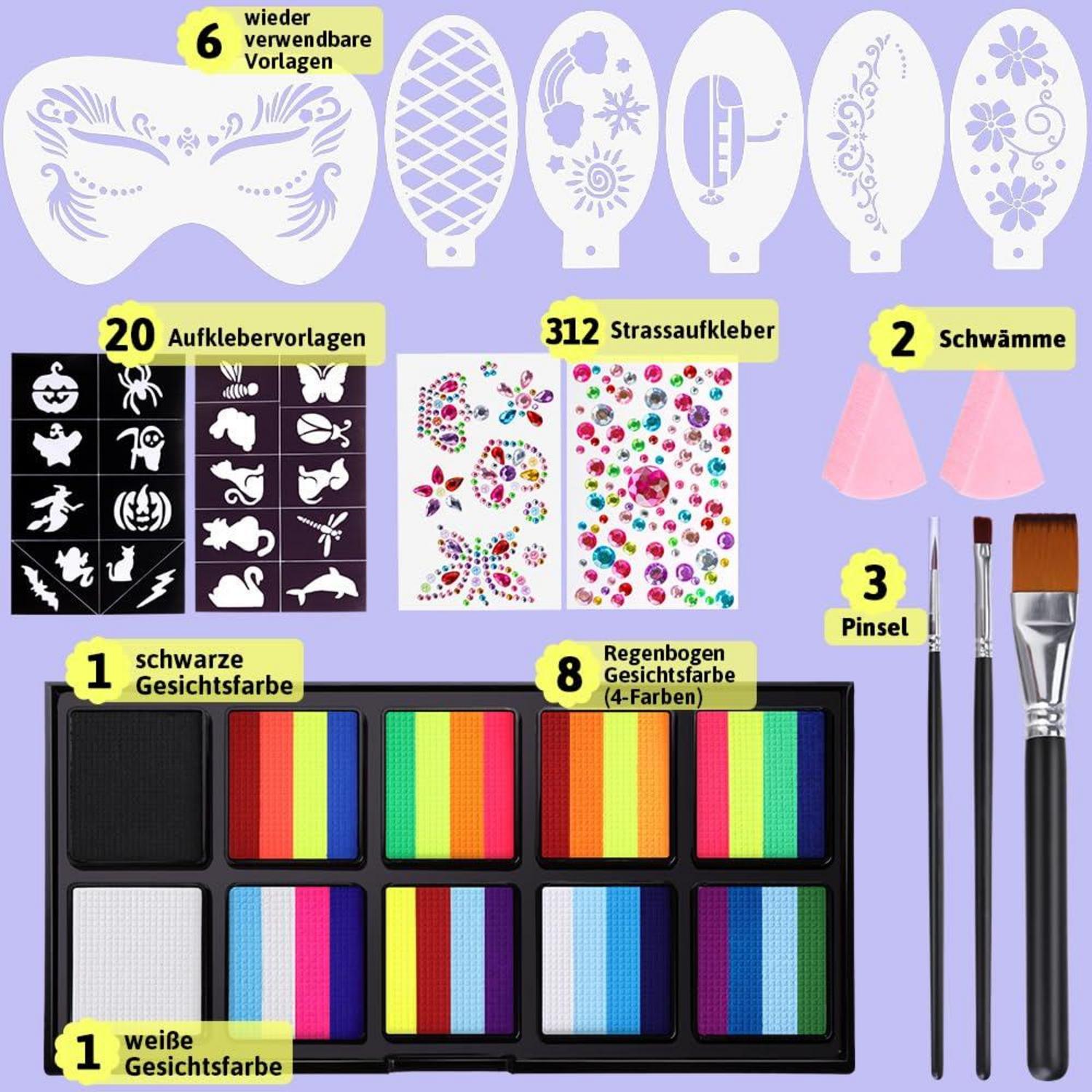 Gesichtsfarbe Kinderschminke Set UV Bodypainting Fasching Halloween Karneval