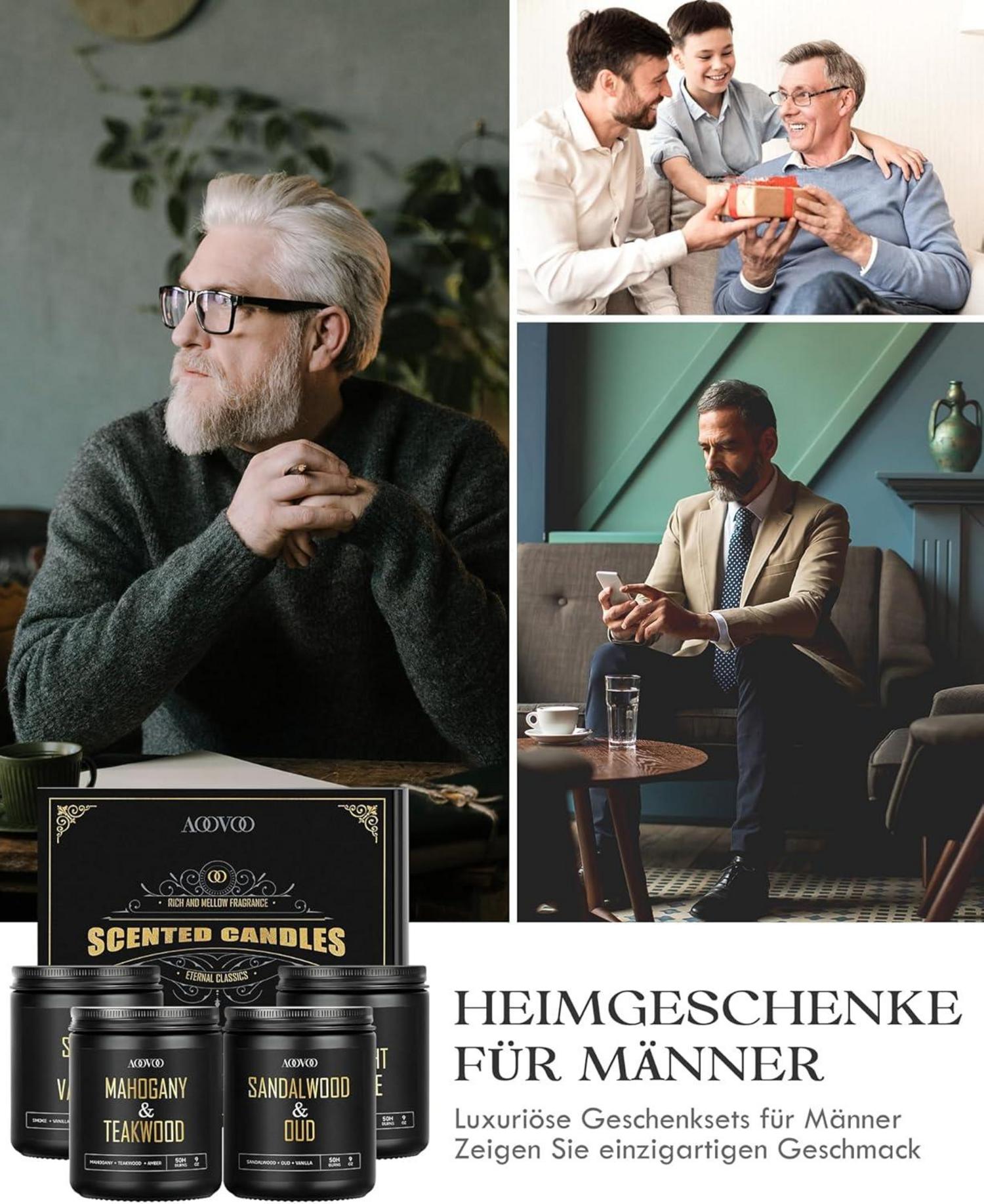 Luxuriöse Duftkerzen Geschenkset für Männer - 4 Stück, Sojawachs, Sandelholz Oud