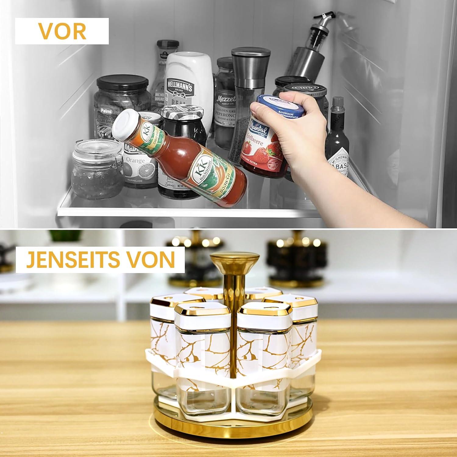Modernes Marmor Gewürzregal mit 6x120ml Drehbarem Edelstahl Organizer