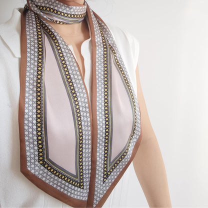 Langer Satin-Seidenschal mit Diamant-Muster in Braun-Champagner