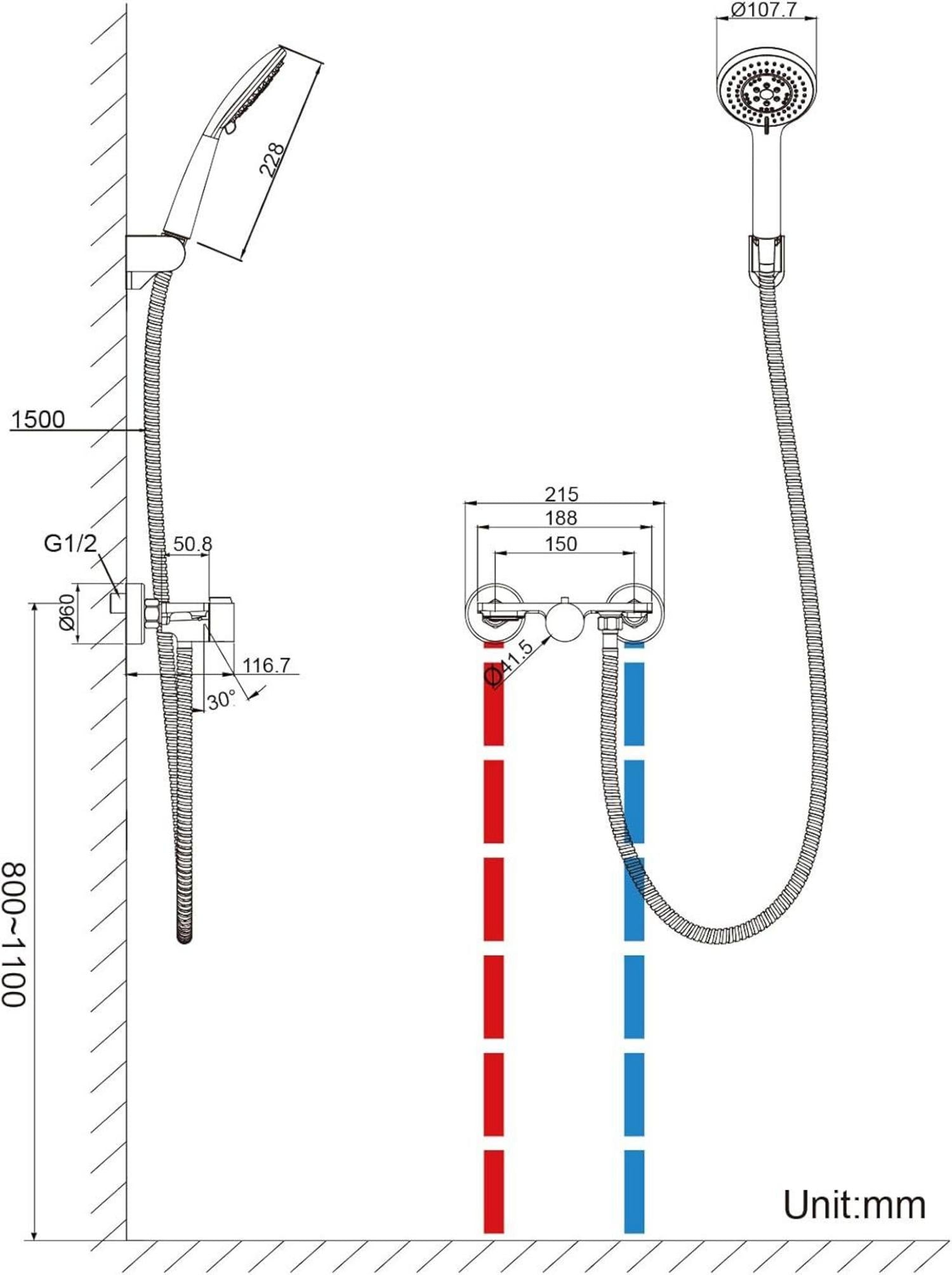 Badewannenarmatur Wasserfall Handbrause 1.5m Edelstahl Chrom
