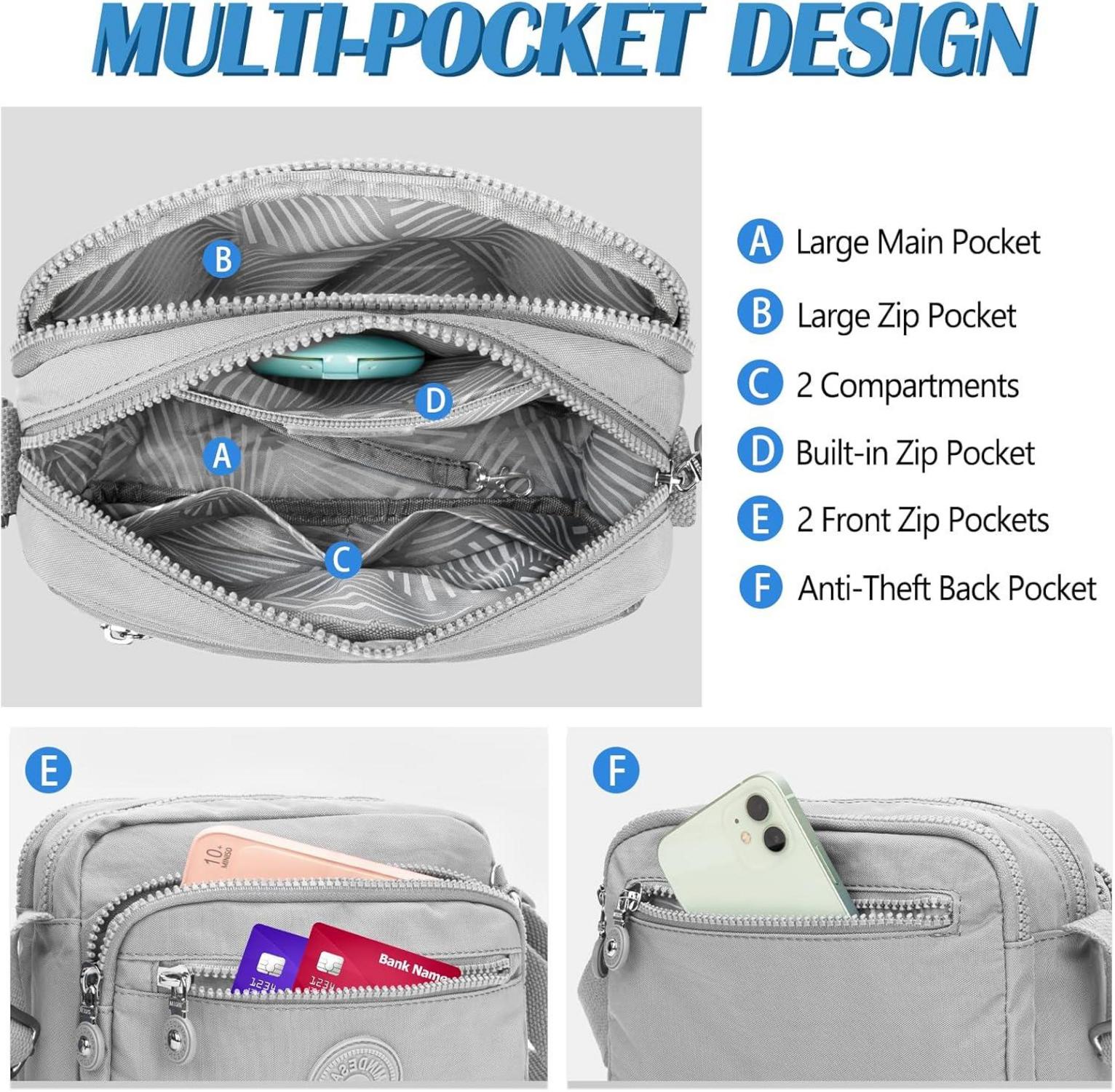 TEUEN Damen Schultertasche Nylon Messenger Crossbody Hellgrau
