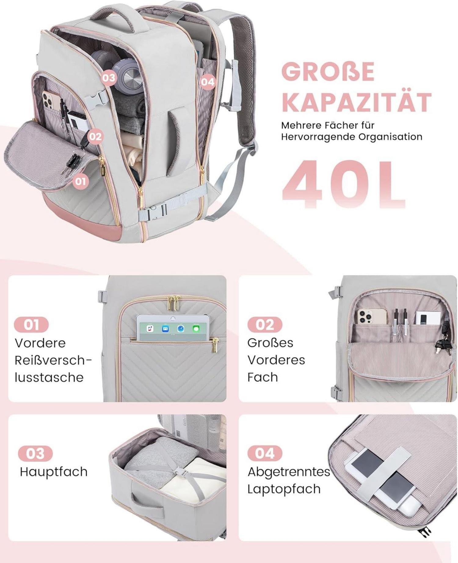 40L LOVEVOOK Reiserucksack Damen Handgepäck Flugzeug Grau