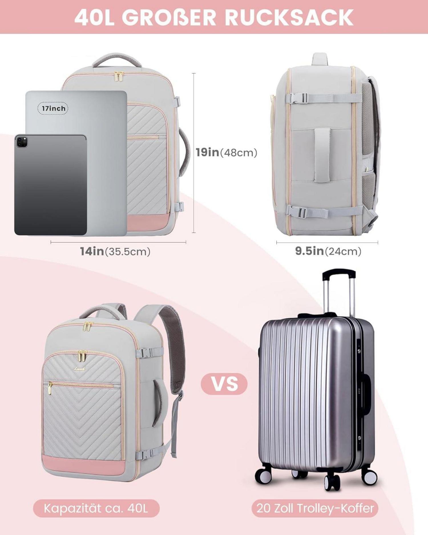 LOVEVOOK Reiserucksack Damen 40L Handgepäck Flugzeug Grau