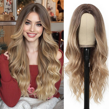 Lange Wellige Perücke Dunkelblond Synthetisch Hitzebeständig Ombre