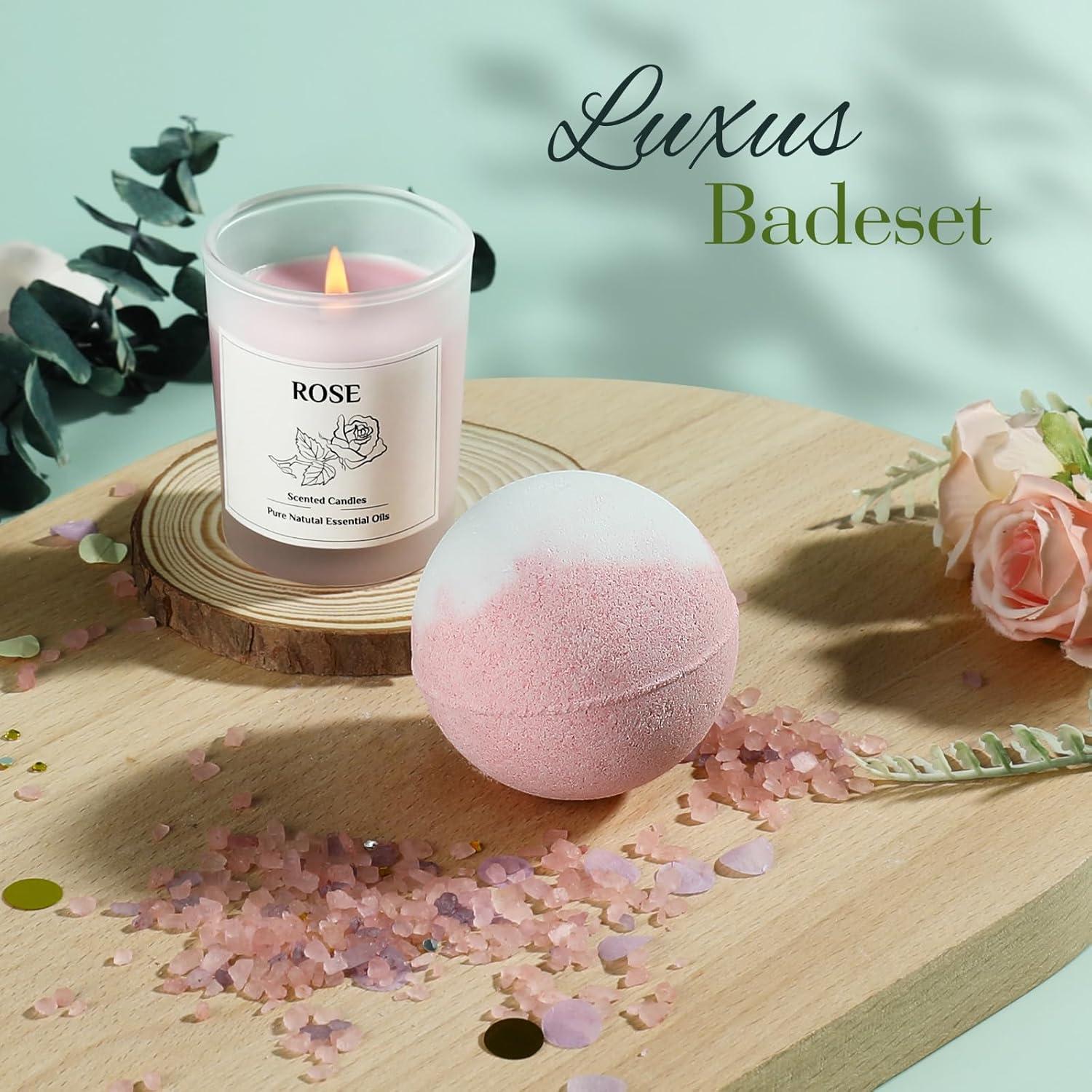 Wellness Geschenkset für Frauen - Tasse, Kerze & Badebombe, Rosa & Gold, Geburtstag & Weihnachten