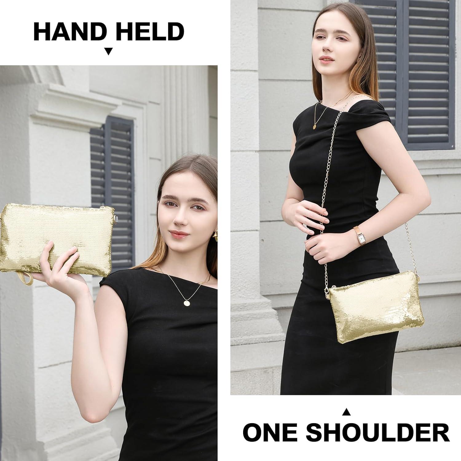 Damen Mini Pailletten Clutch Umhängetasche goldene Kette Hochzeit Party