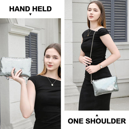 Pailletten Mini Clutch mit goldener Kette – Silber