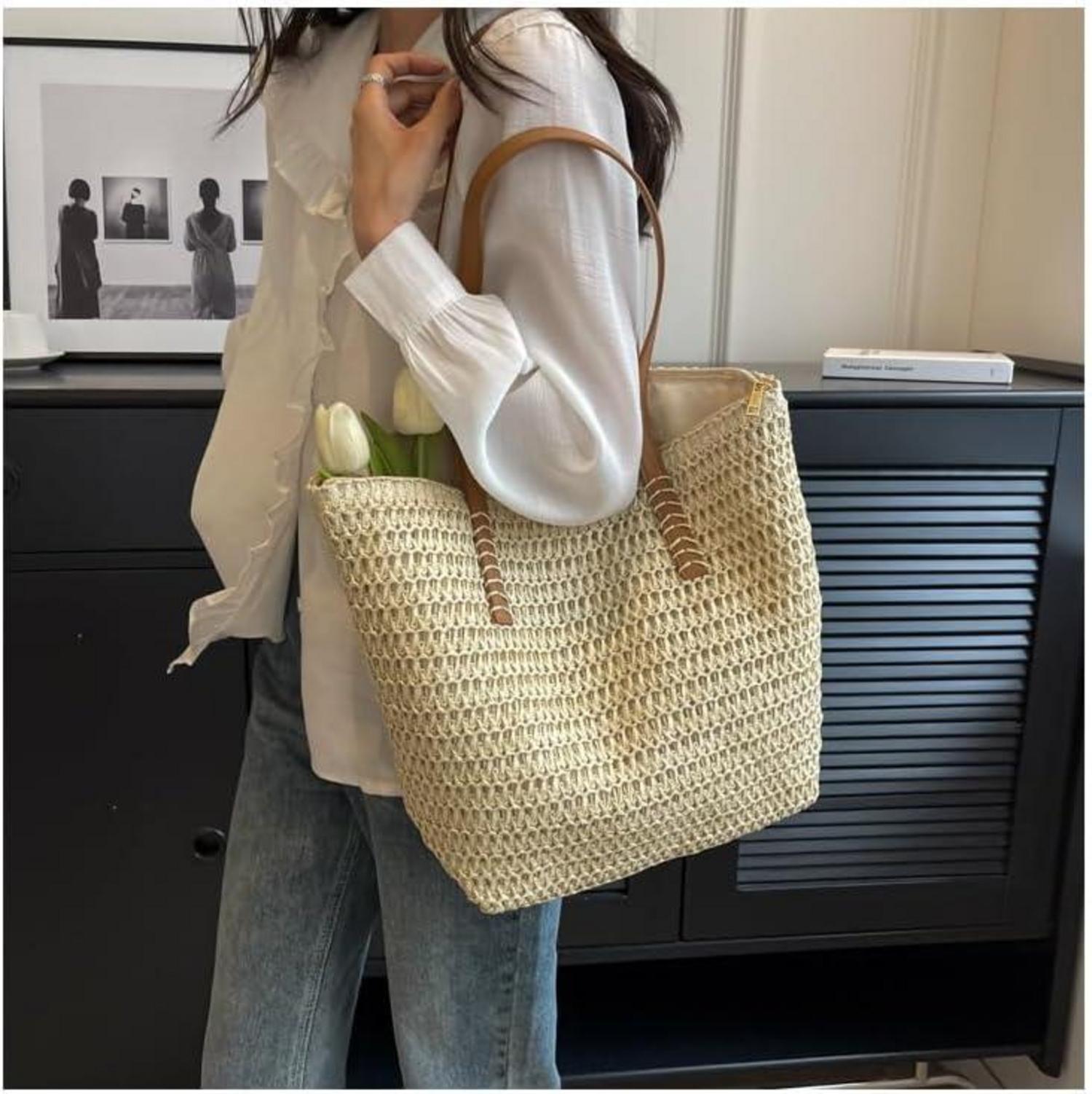 Große Strohtasche Damen Strand Schultertasche Urlaub Reisen