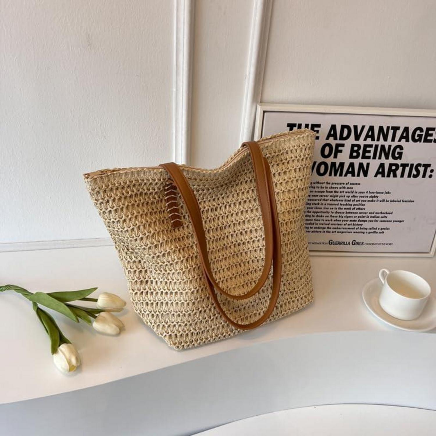 Strohtasche Damen groß, Stroh Handtasche mit Reißverschluss und