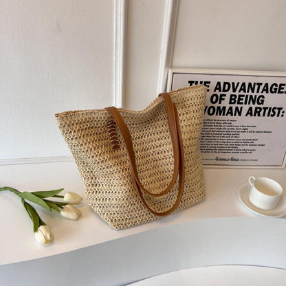 Strohtasche Damen groß, Stroh Handtasche mit Reißverschluss und