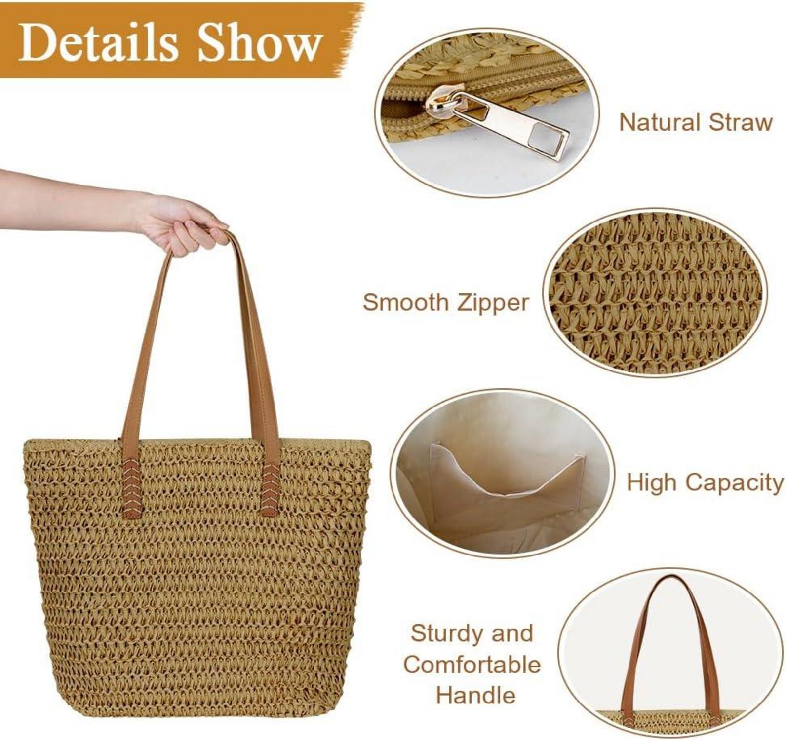 Strohtasche Damen Sommer Strand Reißverschluss Schultertasche